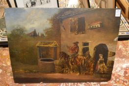 A figure on horseback outside a country cottage with a well, oil on panel, unframed (AF).