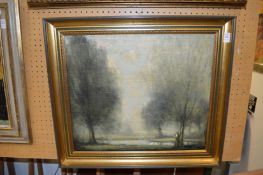 A figure standing by a tree next to a pond, oil on board.