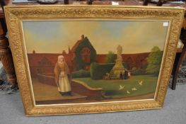 Naive school, a building with statue, a young lady standing by a walled garden, oil on canvas in a