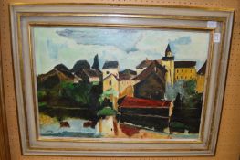 A colourful landscape with buildings, oil on board.