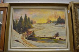 Snowy landscape, possibly Russia, oil on board, signed.