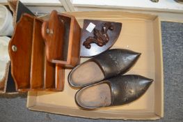 A pair of carved wood clogs, two letter racks and a corner bracket.