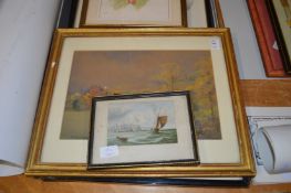 A rural landscape with a large building watercolour and three other items.