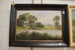 A tranquil river landscape with a bridge, a cottage beyond, oil on canvas.