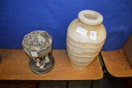 A heavy alabaster vase and a serpentine stone font style bowl.