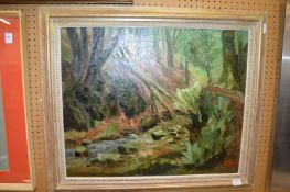 A wooded river landscape, oil on canvas, in a gilt frame.