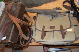 A fishing rod, a fishing bag and a leather case.