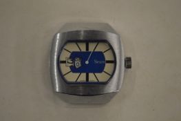 A gent's stainless steel wristwatch (lacking strap).