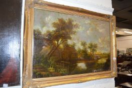 A rural landscape with a mill by a river, oil on canvas, in a decorative gilt frame.