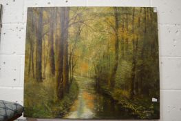 A tranquil river landscape oil on canvas, unframed.