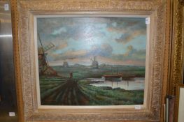 Extensive open landscape with windmills and a figure on a path, oil on canvas, in a decorative