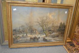 Winter landscape with figures on a frozen river colour print.