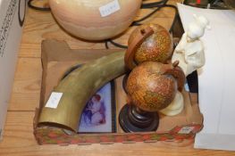 A horn trumpet, two model globes, a model of a Chinese lady etc.