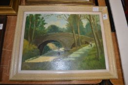 Rural footpath with a bridge, oil on board.