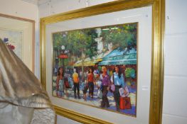 A busy street scene with figures, colour print.