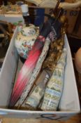 Miscellaneous collectables to include a Chinese ginger jar lamp, decorative parasols, colour sand