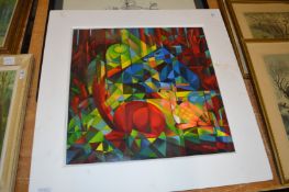 A modern abstract with deer, mixed media, unframed.