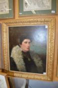 A bust length portrait of a young lady wearing a fur trimmed coat, oil on board, in a decorative