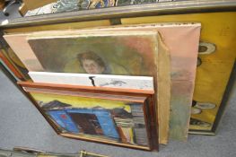 A small group of large oil paintings, some unframed.
