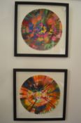 In the manner of Damien Hirst, a pair of spin paintings, framed and glazed.