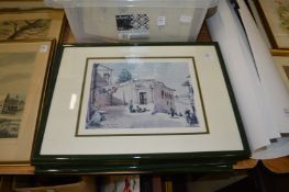 A set of six prints depicting continental landscapes, uniformly framed and glazed.