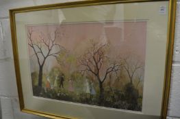 After Helen Bradley, figures and flowers in a garden colour print.