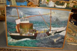 An unusual oil painting on board depicting a trawler at sea.