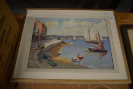 A coastal landscape with sailing dinghies and buildings, oil on board.