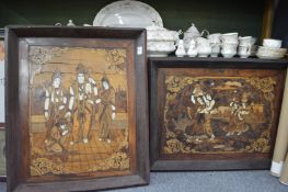 Two eastern inlaid pictures depicting figures on a verandah and in a landscape.