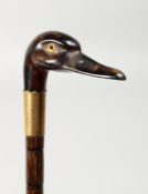 A VICTORIAN CARVED DUCK'S HEAD WALKING STICK, maker J. H. with two gilt bands, originally an