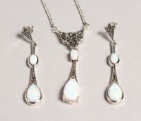 A SILVER MARCASITE AND OPAL SET NECKLACE AND EARRINGS.