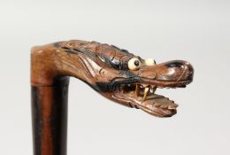 A CHINESE CARVED DRAGON HANDLE WALKING STICK. 34ins long.