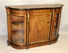 A VERY GOOD VICTORIAN WALNUT CREDENZA, the front with a good inlaid panel door flanked by bow