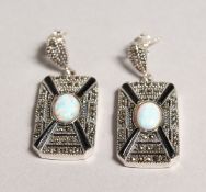 A PAIR OF SILVER, MARCASITE, OPAL, ONYX DECO STYLE EARRINGS.
