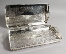 A PAIR OF PLATE LONG TWO-HANDLED TRAYS. 16ins long.
