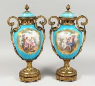 A VERY GOOD PAIR OF 19TH CENTURY SEVRES PORCELAIN AND ORMOLU MOUNTED TWO HANDLED VASES AND COVERS,