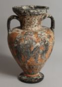 AN EARLY GREEK TWO-HANDLED POTTERY VASE. 12ins high.