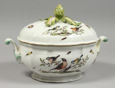 A GOOD MEISSEN OVAL TWO HANDLED TUREEN AND COVER painted with birch and insects, with artichoke