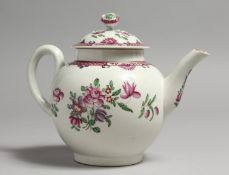 A GOOD 18TH CENTURY WORCESTER TEAPOT AND COVER painted in Chinese export style with flowers and pink
