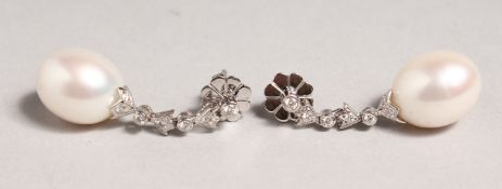 A GOOD PAIR OF 18CT WHITE GOLD, PEARL AND DIAMOND DROP EARRINGS.