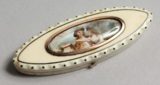 A GEORGIAN IVORY SHAPED PATCH BOX, the top with a portrait. 3ins x 1ins.