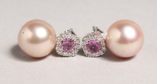 A PAIR OF 11MM PINK PEARL AND PINK SAPPHIRE STUDS set in 18ct white gold.