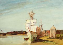 L. BRACEWELL A sailing boat at the jetty. Signed and dated 1935. Oil on board. 10.5ins x 14ins.