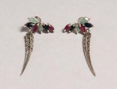 A PAIR OF SILVER, SAPPHIRE, RUBY, AND EMERALD FEATHER EARRINGS.