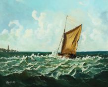 PETER W. MILWARD Fishing boat off the harbour. Signed, oil on canvas. 16ins x 20ins.