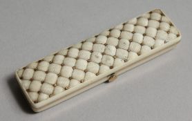 A GEORGIAN IVORY AND GOLD TOOTHPICK CASE, the top with a cushion, the inside with a mirror. 3ins