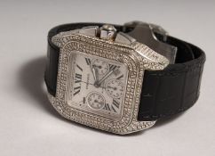 A SUPERB CARTIER SANTOS AUTO CHRONOMETER, set with diamonds, with leather strap, stainless steel
