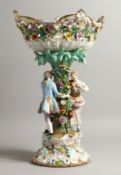 A GOOD LARGE LATE 19TH CENTURY MEISSEN COMPORT, with a floral encrusted pierced basket, supported by