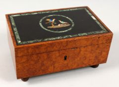 A GOOD SWISS MUSICAL BOX with Pietra Dura top with love birds. 7.5ins high.