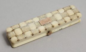 A GEORGIAN IVORY AND GOLD TOOTHPICK CASE, the top with a cushion, the inside with a mirror. 2.